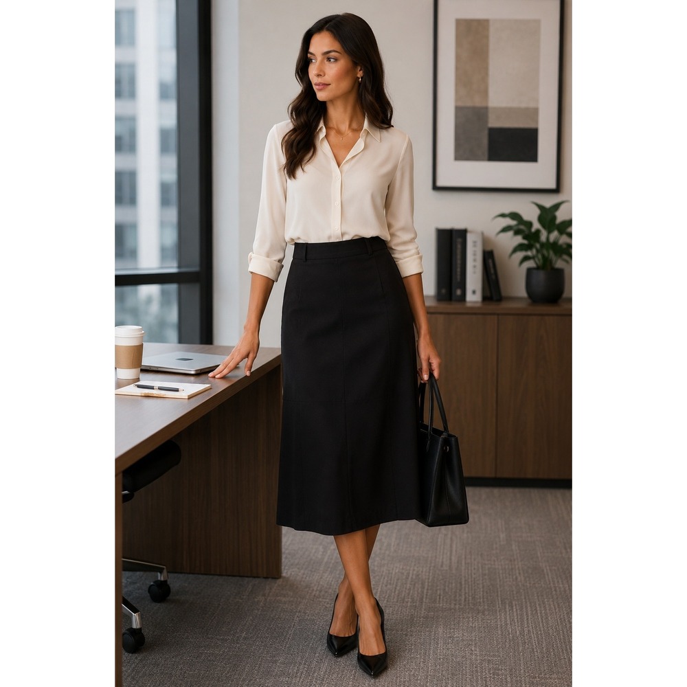 George Stretch Classic Black Midi Skirt High Waist Office Career Business